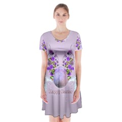 Happy Easter, Easter Egg With Flowers In Soft Violet Colors Short Sleeve V-neck Flare Dress by FantasyWorld7