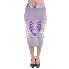 Happy Easter, Easter Egg With Flowers In Soft Violet Colors Midi Pencil Skirt by FantasyWorld7