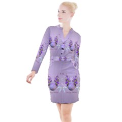 Happy Easter, Easter Egg With Flowers In Soft Violet Colors Button Long Sleeve Dress by FantasyWorld7