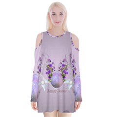 Happy Easter, Easter Egg With Flowers In Soft Violet Colors Velvet Long Sleeve Shoulder Cutout Dress by FantasyWorld7