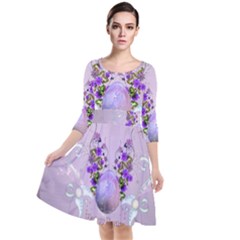 Happy Easter, Easter Egg With Flowers In Soft Violet Colors Quarter Sleeve Waist Band Dress