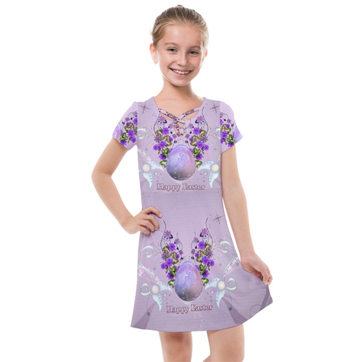 Happy Easter, Easter Egg With Flowers In Soft Violet Colors Kids  Cross Web Dress