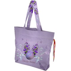 Happy Easter, Easter Egg With Flowers In Soft Violet Colors Drawstring Tote Bag