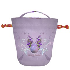 Happy Easter, Easter Egg With Flowers In Soft Violet Colors Drawstring Bucket Bag by FantasyWorld7