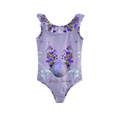 Happy Easter, Easter Egg With Flowers In Soft Violet Colors Kids  Frill Swimsuit