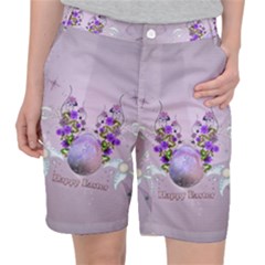 Happy Easter, Easter Egg With Flowers In Soft Violet Colors Pocket Shorts