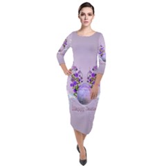 Happy Easter, Easter Egg With Flowers In Soft Violet Colors Quarter Sleeve Midi Velour Bodycon Dress by FantasyWorld7