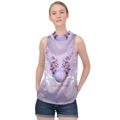 Happy Easter, Easter Egg With Flowers In Soft Violet Colors High Neck Satin Top