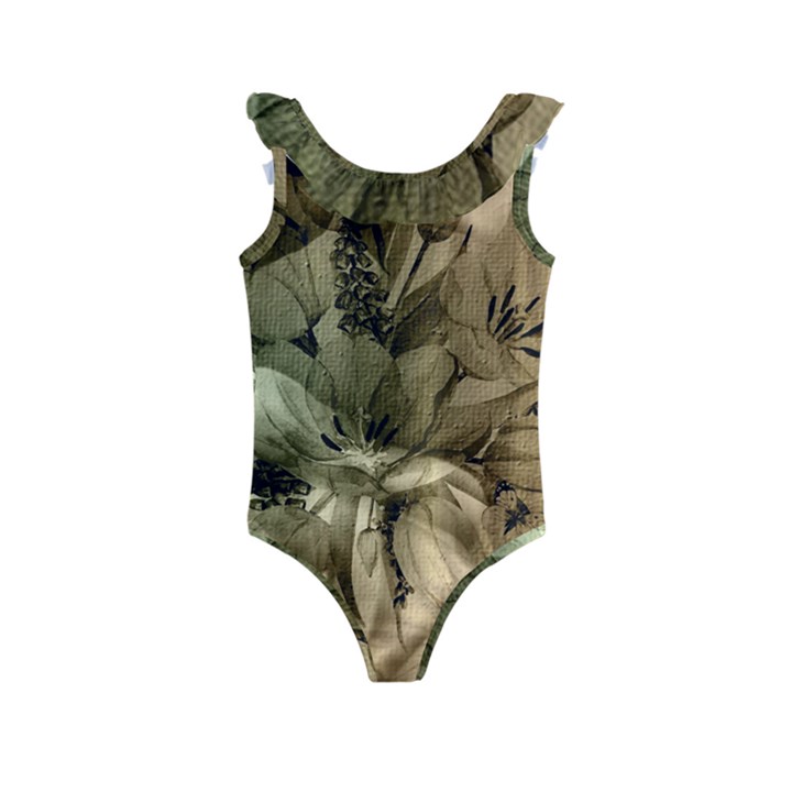 Wonderful Floral Design With Butterflies Kids  Frill Swimsuit