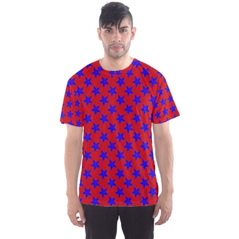 Blue Stars Pattern On Red Men s Sports Mesh Tee by BrightVibesDesign