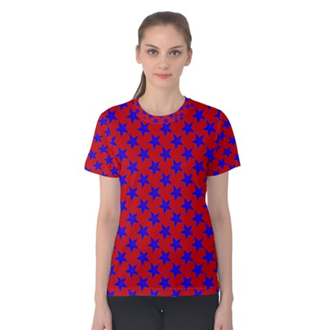 Blue Stars Pattern On Red Women s Cotton Tee by BrightVibesDesign