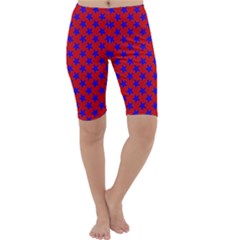 Blue Stars Pattern On Red Cropped Leggings  by BrightVibesDesign