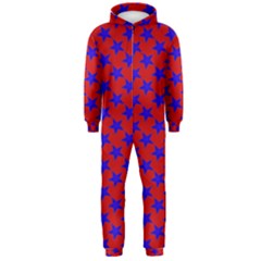 Blue Stars Pattern On Red Hooded Jumpsuit (men)  by BrightVibesDesign