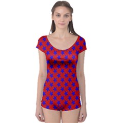 Blue Stars Pattern On Red Boyleg Leotard  by BrightVibesDesign