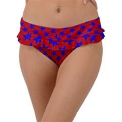 Blue Stars Pattern On Red Frill Bikini Bottom by BrightVibesDesign