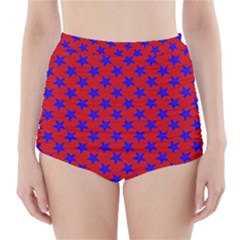 Blue Stars Pattern On Red High-waisted Bikini Bottoms by BrightVibesDesign