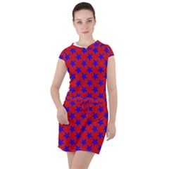 Blue Stars Pattern On Red Drawstring Hooded Dress by BrightVibesDesign