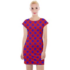 Blue Stars Pattern On Red Cap Sleeve Bodycon Dress by BrightVibesDesign