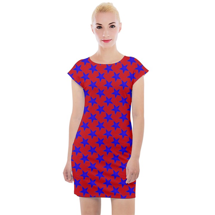 Blue Stars Pattern On Red Cap Sleeve Bodycon Dress