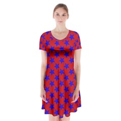 Blue Stars Pattern On Red Short Sleeve V-neck Flare Dress by BrightVibesDesign