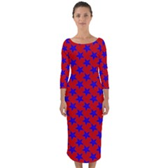 Blue Stars Pattern On Red Quarter Sleeve Midi Bodycon Dress by BrightVibesDesign