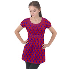 Blue Stars Pattern On Red Puff Sleeve Tunic Top