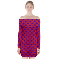 Blue Stars Pattern On Red Long Sleeve Off Shoulder Dress by BrightVibesDesign