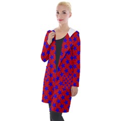 Blue Stars Pattern On Red Hooded Pocket Cardigan