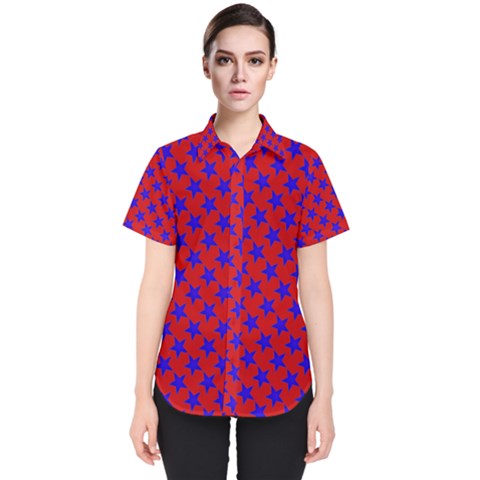 Blue Stars Pattern On Red Women s Short Sleeve Shirt by BrightVibesDesign