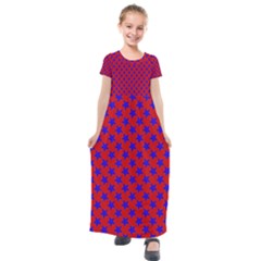 Blue Stars Pattern On Red Kids  Short Sleeve Maxi Dress by BrightVibesDesign