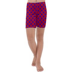 Blue Stars Pattern On Red Kids  Lightweight Velour Capri Yoga Leggings by BrightVibesDesign