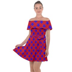 Blue Stars Pattern On Red Off Shoulder Velour Dress by BrightVibesDesign