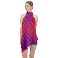 Blue Stars Pattern On Red Halter Asymmetric Satin Top by BrightVibesDesign