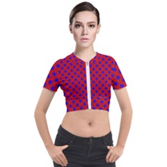 Blue Stars Pattern On Red Short Sleeve Cropped Jacket