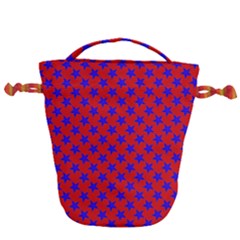 Blue Stars Pattern On Red Drawstring Bucket Bag by BrightVibesDesign