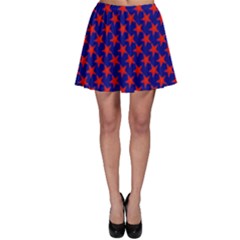 Red Stars Pattern On Blue Skater Skirt by BrightVibesDesign