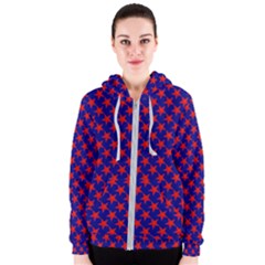 Red Stars Pattern On Blue Women s Zipper Hoodie by BrightVibesDesign