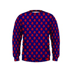 Red Stars Pattern On Blue Kids  Sweatshirt by BrightVibesDesign