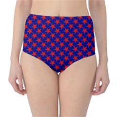 Red Stars Pattern On Blue Classic High-waist Bikini Bottoms by BrightVibesDesign