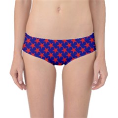 Red Stars Pattern On Blue Classic Bikini Bottoms by BrightVibesDesign