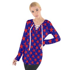 Red Stars Pattern On Blue Tie Up Tee by BrightVibesDesign