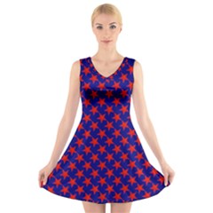 Red Stars Pattern On Blue V-neck Sleeveless Dress by BrightVibesDesign