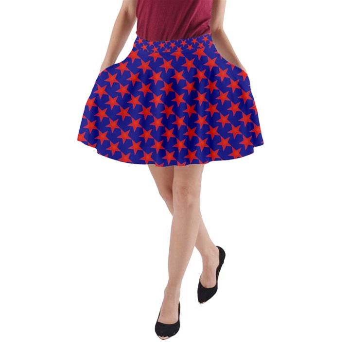 Red Stars Pattern On Blue A-Line Pocket Skirt