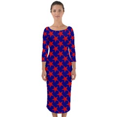 Red Stars Pattern On Blue Quarter Sleeve Midi Bodycon Dress by BrightVibesDesign