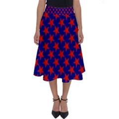 Red Stars Pattern On Blue Perfect Length Midi Skirt by BrightVibesDesign