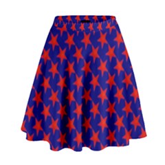 Red Stars Pattern On Blue High Waist Skirt by BrightVibesDesign