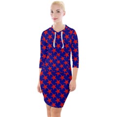 Red Stars Pattern On Blue Quarter Sleeve Hood Bodycon Dress by BrightVibesDesign