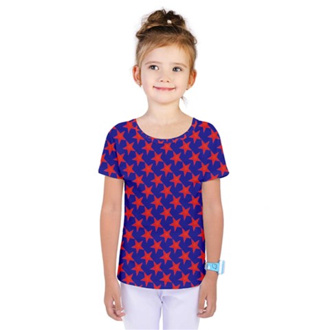 Red Stars Pattern On Blue Kids  One Piece Tee by BrightVibesDesign