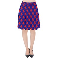 Red Stars Pattern On Blue Velvet High Waist Skirt by BrightVibesDesign