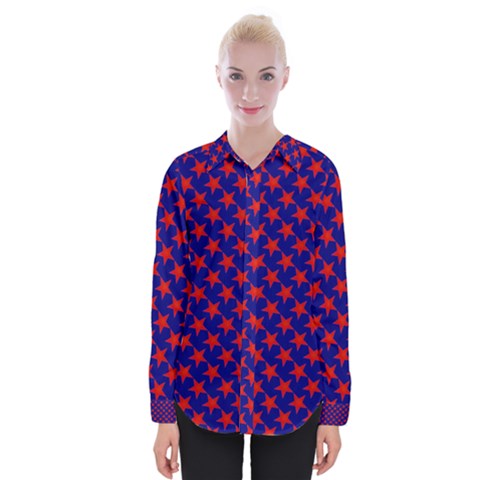 Red Stars Pattern On Blue Womens Long Sleeve Shirt by BrightVibesDesign